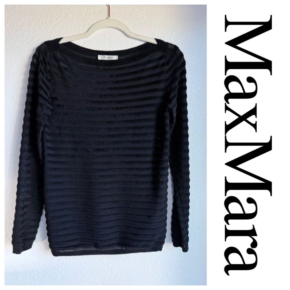 Max Mara Main Line Black Semi-Sheer Velvet Striped Boat Neck Sweater Size XS